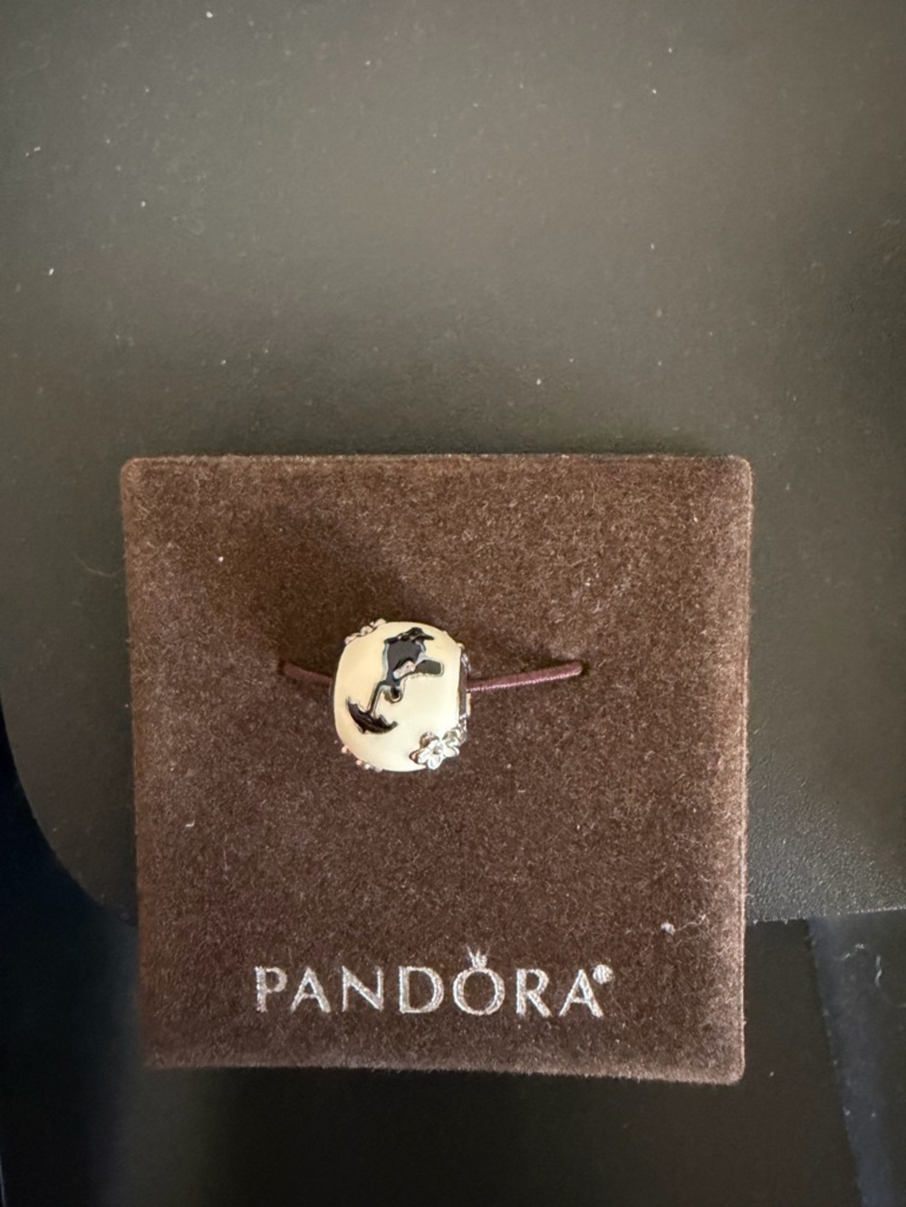 Pandora Cream Murano Charm with Black Dolphin and Silver Flower
